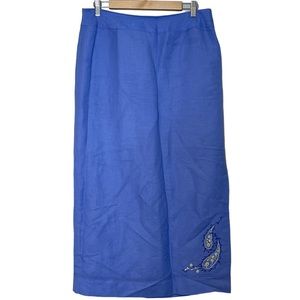 Emma James Linen Blend Embroidered Paisley Side Slit Midi Skirt Size 12 Blue